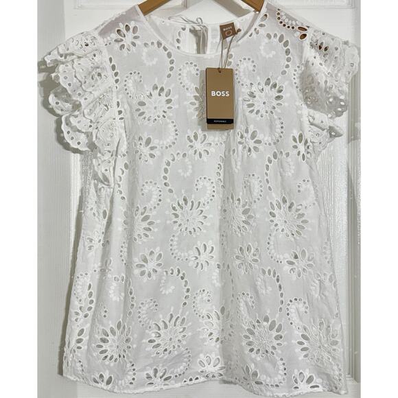 New BOSS Hugo Boss Womens White Iembra Flutter Eyelet Top Blouse Shirt Size 8 - Picture 1 of 4